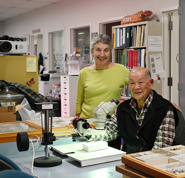 UC Davis distinguished professor emeritus Harry Kaya and UC Davis distinguished professor Lynn Kimsey are longtime friends and colleagues. They are pictured here Dec. 17, 2023 in the Bohart Museum of Entomology. (Photo by Kathy Keatley Garvey)