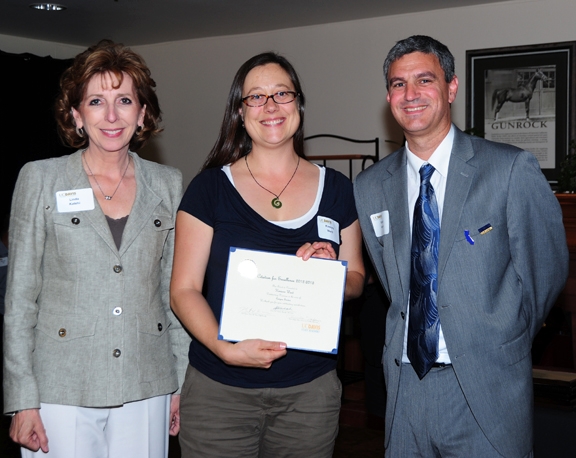 Kimiora Ward (center) with Chancellor Linda Katehi and Staff Assembly Chair Rob Kerner. (Photo by Kathy Keatley Garvey)