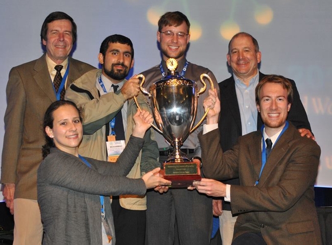 Champions! The UC Davis Team won the championship at the ESA's Student Debates. In front (from left) are team members Irina Shapiro and Matan Shelomi. In back are Frank Zalom of UC Davis, new president of ESA; team captain Mohammad-Amir Aghaee, team member Danny Klittich, and team advisor Michael Parrella, professor and chair of the UC Davis Department of Entomology and Nematology. (ESA Photo)