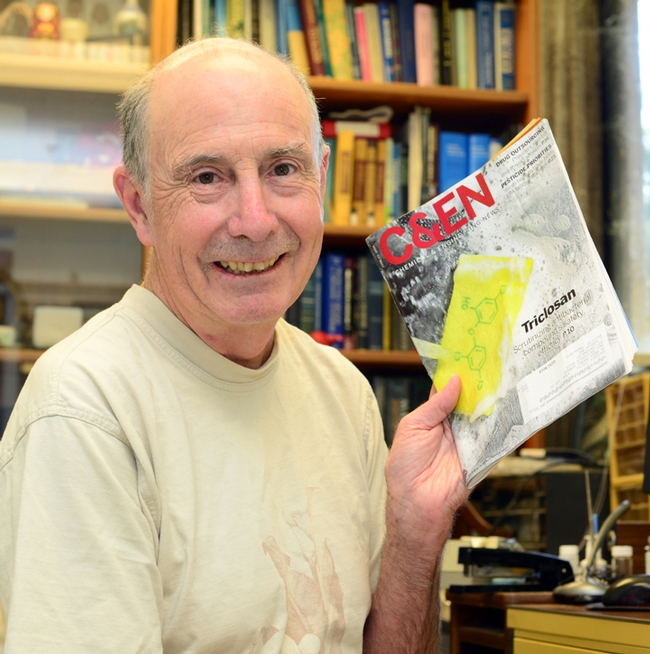 Bruce Hammock with his just-arrived copy of Chemical Engineering News, featuring the cover story, “Triclosan Under the Microsope.” (Photos by Kathy Keatley Garvey)