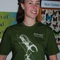 Artist Courtney Lambert wearing the Bohart Museum of Entomology t-shirt. She drew the Western Hercules beetles. (Photo by Fran Keller)