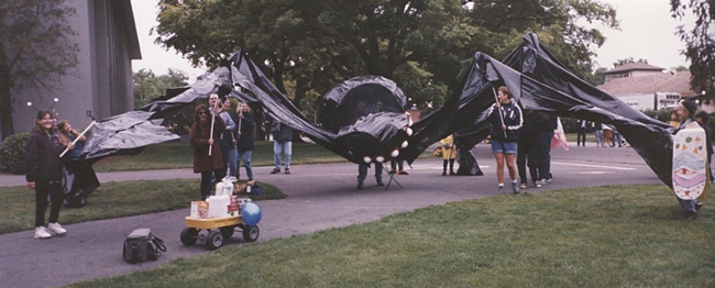 The UC Davis Entomology Club maneuvering its black widow spider-float in the UC Davis Picnic Day Parade, about 20 years ago. (Historical file photo)