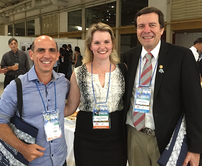 Frank Zalom (far right) of UC Davis and past president of the Entomological Society of America is pictured  with doctoral candidate Roberta Tognon and her major professor Josue Sant’Ana of the Universidade Federal do Rio Grande do Sul. Tognon  studied in the Zalom lab and presented research from the lab at the Brazilian Entomological Society meeting.