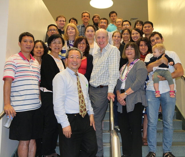 Shirley Gee (front, second from right) was honored at a surprise ceremony at the 2015 International Chemical Congress of Pacific Basin Societies (Pacificchem), held Dec. 15-20 in Honolulu. Front center are Quing Li, a University of Hawaii professor and Hammock lab alumnus, and Bruce Hammock (checkered shirt).