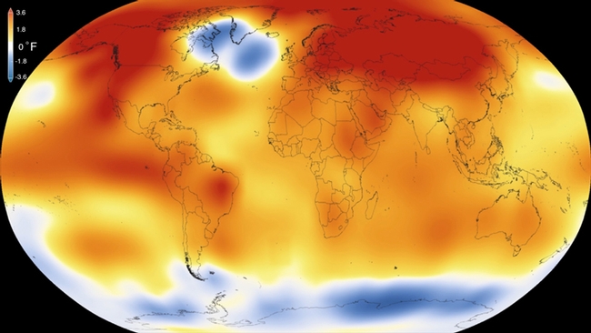 2015 – Warmest global year on record (since 1880) – Colors indicate temperature anomalies (NASA/NOAA; 20 January 2016). (Courtesy Wikipedia)