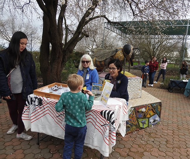 Christine Casey (seated left), manager of the Häagen-Dazs Honey Bee Haven and student assistant  Paola Pomery greet guests at the 2017 Biodiversity Museum Day. (Photo by Kathy Keatley Garvey)
