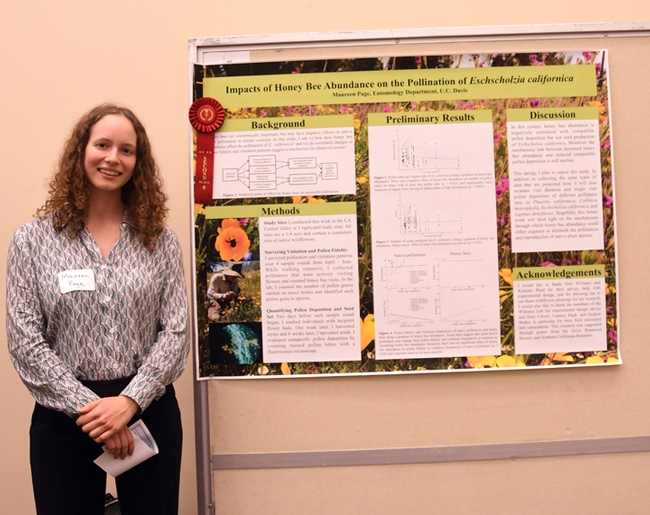 UC Davis doctoral student Maureen Page won the second-place prize of $600 in the graduate student poster competition for her research on “Impacts of Honey Bee Abundance on the Pollination of Eschscholzia californica (California golden poppy).”