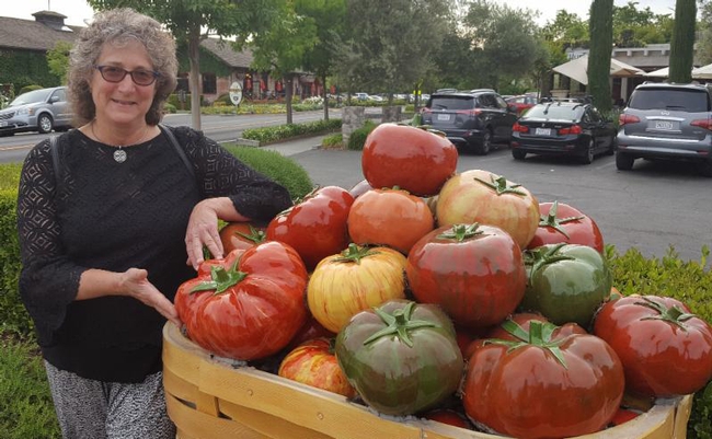 Artist-entomologist Diane Ullman with a tomato sculpture.