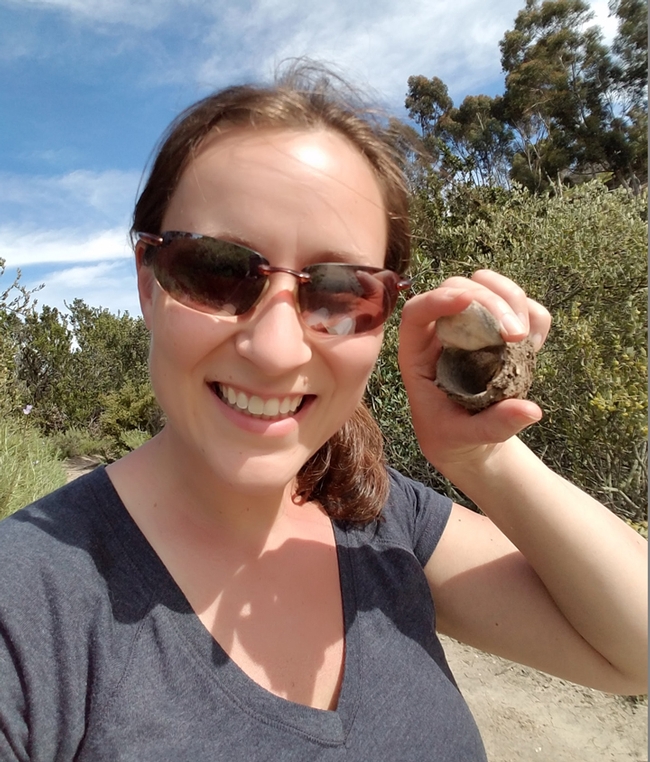 UC Davis doctoral student Rebecca Godwin holds the excavated burrow of the California trapdoor spider, Bothriocyrtum californicum, that she found in Chula Vista, in San Diego.