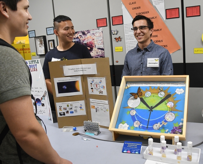 Graduate student Yao Cai (left)and undergraduate student Christopher Ochoa, both of the Joanna Chiu lab, chat with visitors about their fruit fly research. (Photo by Kathy Keatley Garvey)
