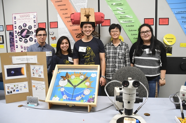 These five student fly researchers represented the Joanna Chiu lab: (from left) undergraduate student Christopher Ochoa, graduate students Christine Tabuloc, Yao Cai and  Zianhui 