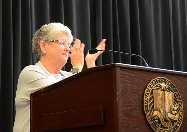 Distinguished professor emerita M. R. C. Greenwood, chair of the UC Davis Emeriti Association Awards and Recognition Committee, tells the academic retirees to 