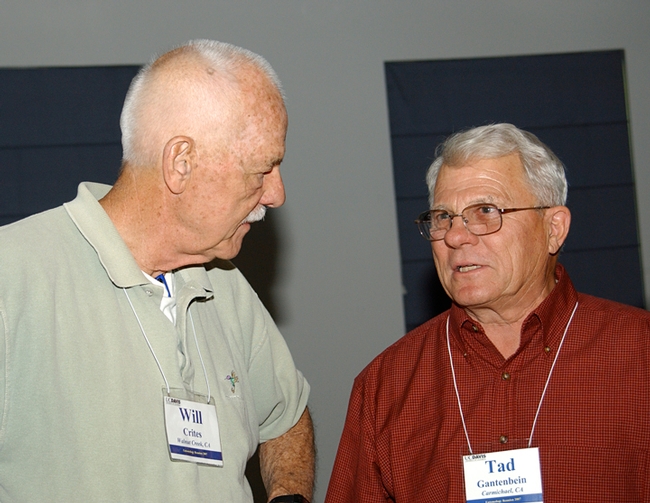 UC Davis entomology alums Will Crites (left) and Tad Gantenbein chat at a reunion in 2007. Crites is co-chairing the 2019 reunion. (Photo by Kathy Keatley Garvey)