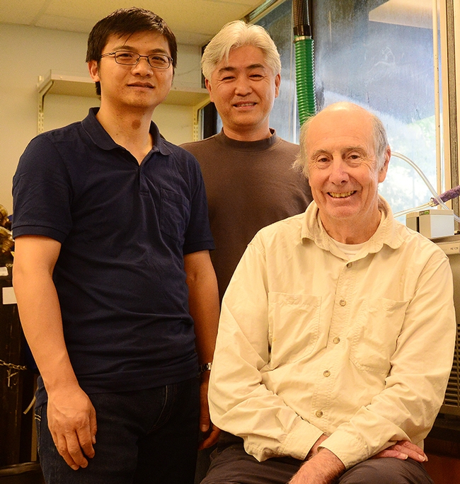 UC Davis researchers Jun Yang (left) and Sung Hee Hwang (center) of the Bruce Hammock lab with Bruce Hammock, distinguished professor, who holds a joint appointment with the UC Davis Department of Entomology and Nematology and UC Davis Comprehensive Cancer Center. (Photo by Kathy Keatley Garvey)