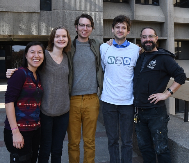 Members of the UC Linnaean Games Team from the UC Davis Department of Entomology and Nematology are doctoral students (from left) Hanna Kahl of the Jay Rosenheim lab; Jill Oberski of the Phil Ward lab; Miles Dakin of the Christian Nansen lab; and Zachary Griebenow and Brendon Boudinot of the Phil Ward lab. Boudinot has served on all four championship UC teams. (Photo by Kathy Keatley Garvey)