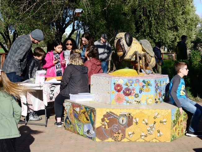 This was the scene at the Häagen-Dazs Honey Bee Haven at the 2019 UC Davis Biodiversity Museum Day. The six-foot-long worker bee,  a ceramic mosaic sculpture titled 