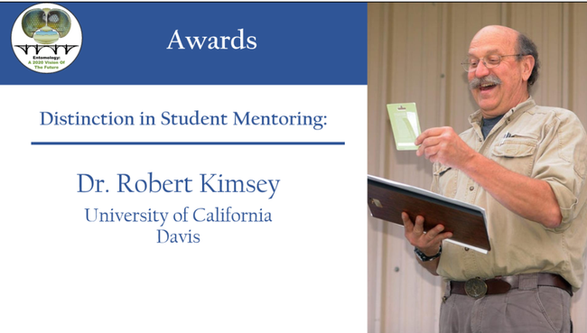 PBESA presented UC Davis forensic entomologist Robert Kimsey with the Distinction in Student Mentoring Award, with this graphic at its virtual awards ceremony.