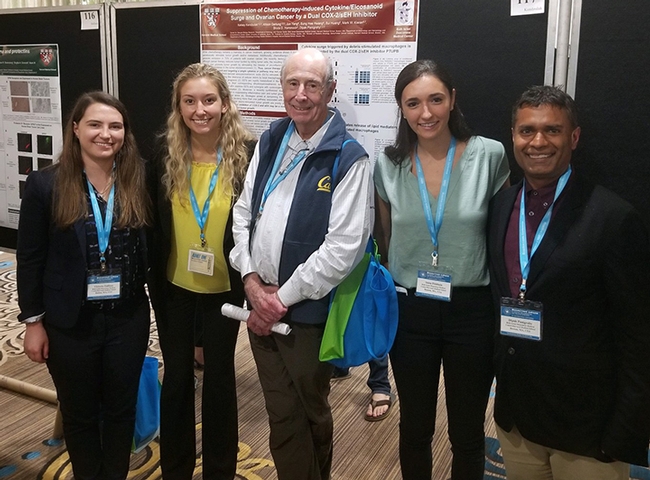 Collaborators who presented their research at the 2019 Bioactive Lipid meeting in St. Petersburg, Fla., included Bruce Hammock of UC Davis and scientists from the lab of physician-researcher Dipak Panigrahy, Harvard Medical School. From left are Tori Hallisey, Kelsey Kendzulak, Bruce Hammock, Anna Fishbein and Dipak Panigrahy.