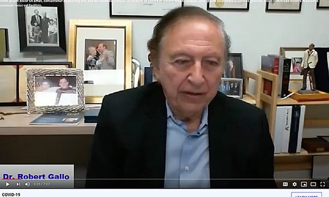 Renowned virologist Dr. Robert Gallo ponders a question as he is interviewed by UC Davis distinguished professor Walter Leal for the June 3rd COVID-19 symposium.