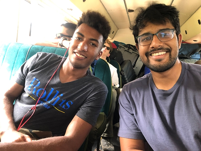 Praying mantis scientists Lohit Garikipati (right) traveling with friend and  colleague Brian Fridie, an undergraduate student at  the University of Florida, Gainesville. (Photo by Fran Keller, Bioblitz leader)
