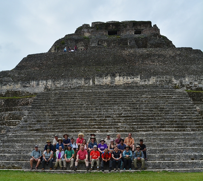 Participants in the Bohart Museum Bioblitz to Belize pose for a photo at the Xunantunich Mayan Ruins, El Castillo, in San Ignacio, in 2019. Praying mantis scientist Lohit Garikipati is second from right, middle row. Tour leader Fran Keller, professor at Folsom Lake College, is in the front row, second from right. UC Davis professor Jason Bond  is in middle row, third from left. (Photo courtesy of Fran Keller)