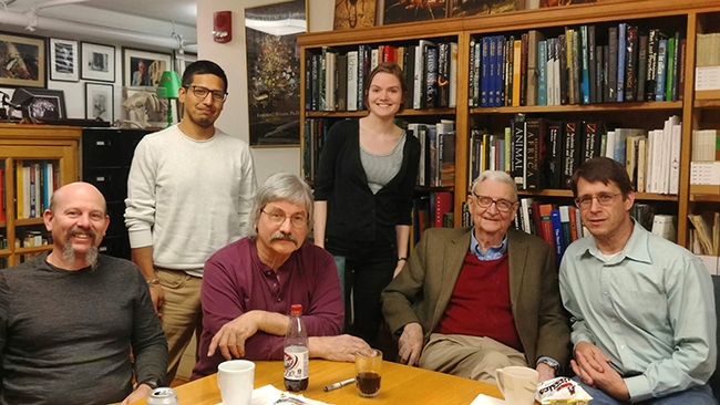 UC Davis doctoral student Jill Oberski met E. O. Wilson and other scientists at his Harvard office in 2019. In front (from left) are  Doug Booher, Stefan Cover, E. O. Wilson and  David Lubertazz. In back, with Oberski, is Frank Azorsa.