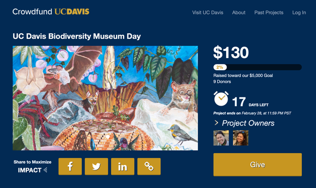 A newly announced UC Davis Crowdfunding Project will help support the UC Davis Biodiversity Museum Day. Crowdfunding ends at 11:59 p.m., Feb. 28.