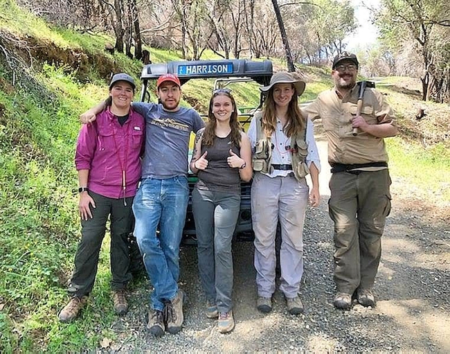 Five members of the Jason Bond  at the UC Quail Ridge Reserve, Napa County. From left are Lacie Newton, Xavier Zahnle, Emma Jochim, Lisa Chamberland, and Jim Starrett. Not pictured are the newest lab members Iris Bright and Megan Ma.