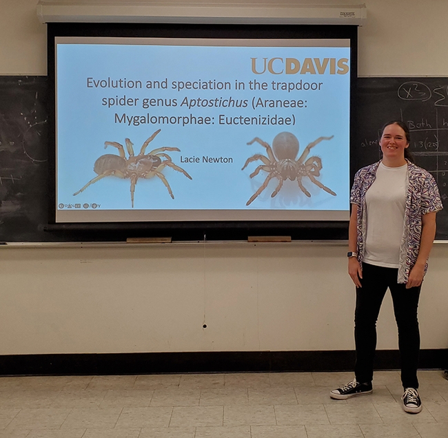 UC Davis doctoral candidate Lacie Newton delivering her exit seminar.