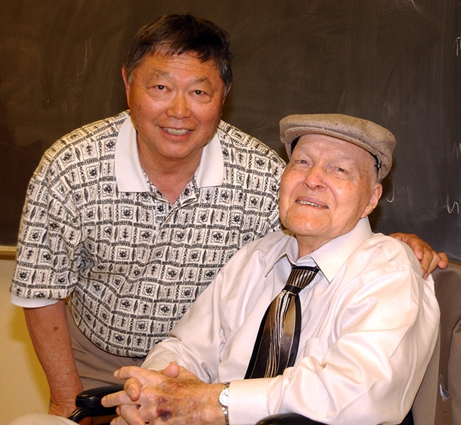 This 2006 image of UC Davis medical entomologist Bob Washino (left) shows him with Richard Bohart (1913-2007), for whom the Bohart Museum of Entomology is named. At the time, Washino was serving as chair of the Department of Entomology, and Bohart was being honored with a Distinguished Research Medal from the International Society of Hymenopterists. (Photo by Kathy Keatley Garvey)