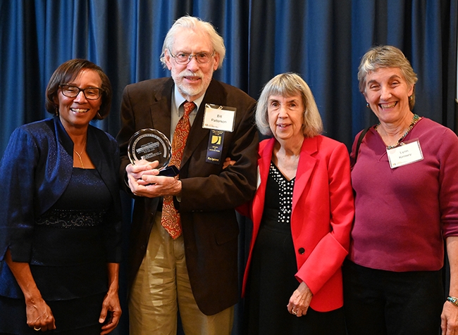 From left are Helene Dillard, dean of the UC Davis College of Agricultural and Environmental Sciences; award recipients Bill Patterson and his wife, Doris Brown; and Lynn Kimsey, director of the Bohart Museum of Entomology and a UC Davis distinguished professor of entomology. (Photo by Kathy Keatley Garvey)