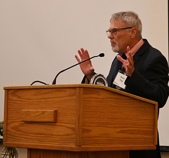 Exceptional Emeriti Faculty Award recipient Robert E. Page Jr. talks about his work as a honey bee geneticist. (Photo by Kathy Keatley Garvey)