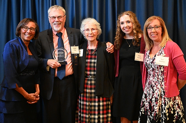 From left are Helene Dillard, dean of the UC Davis College of Agricultural and Environmental Sciences, Exceptional Emeriti Faculty Award recipient Robert E. Page Jr. and his wife Michelle, and their niece Suzi Redmond and their grand niece Emily Redman, a UC Davis student. (Photo by Kathy Keatley Garvey)