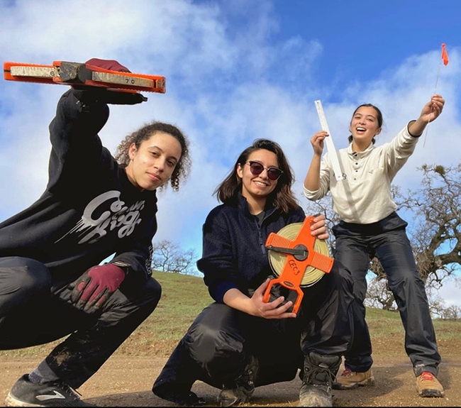 Bita Rostami (center) working at the Blue Oak Ranch Reserve in San Jose in the winter of 2021. With her are Logan Ruggles and Marissa Lopez. “We were working together on our first research project in the California Ecology and Conservation (CEC) of the University of California's Natural Reserve System, she said. “For this project, we were trying to measure the abundance of Achillea millefolium in recently burned and unburned areas around the reserve.” (Photo by Logan Ruggles)