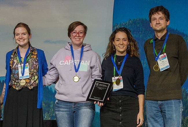 The UC Davis Entomology Games Team with the national prize. From left are doctoral candidates Jill Oberski, Madison Hendrick, Erin 