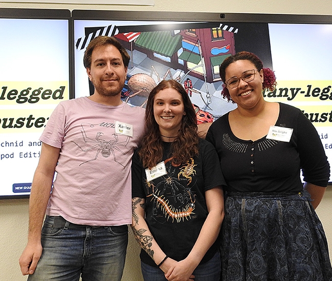 The Jason Bond lab held a mythbuster session at the Bohart Museum of Entomology. From left are doctoral candidates Xavier Zahnle and Emma Jochim who led the discussion, and moderator Iris Quayle, a first-year PhD student. (Photo by Kathy Keatley Garvey)