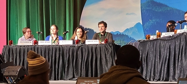 Zachary Griebelow (right) captained the UC Davis Entomology Games team that won the national championship at the 2022 Entomological Society of America meeting, held in Vancouver, British Columbia. With him (from left) are doctoral candidates Madison Hendrick, Jill Oberski and Erin 