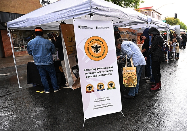 Before the rains drenched the California Honey Festival, crowds flocked to the UC Davis-based California Master Beekeeper Program booth. (Photo by Kathy Keatley Garvey)