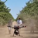 Post-doc Hamid Jafarbiglu (center) flies a drone in the field.