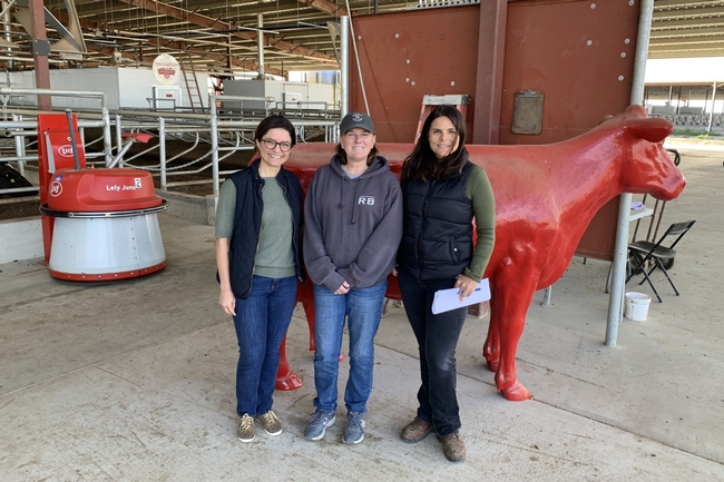 Three women stand together in a dairy barn with a feeding robot in the background