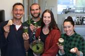 L to R: Gerry Spinelli, Chris Shogren, UCCE Environmental Horticulture Advisor, Lindsey Pedroncelli and Natalie Levy, UCCE Soil Health and Organics Material Management Advisor,  pose with a batch of fresh pesto.