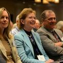 Former Ireland President Mary Robinson, center, with Dan Dooley, senior vice president for external relations, UC Office of the President, and another conference participant.