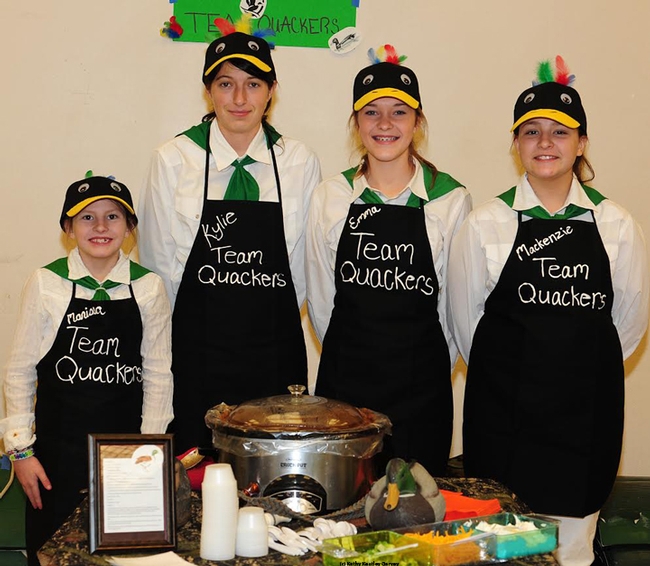 Waiting for judges at the Solano County 4-H Chili Cookoff are Team Quackers (from left) Marissa Davi, Kylie Walker, Emma Ryder and Makenzie Davi, all of the Vaca Valley 4-H Club, Vacaville. Judges praised their chili, which featured duck. For the occasion, they crafted duck hats. They were among four teams competing. The winner: the 4-Alarm Chili, the work of Cody Ceremony, Randy Marley and Justin Means of Dixon Ridge 4-H Club/Pleasants Valley 4-H Club.