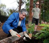 President Napolitano joins UCLA student Ian Davies in student-run garden.
