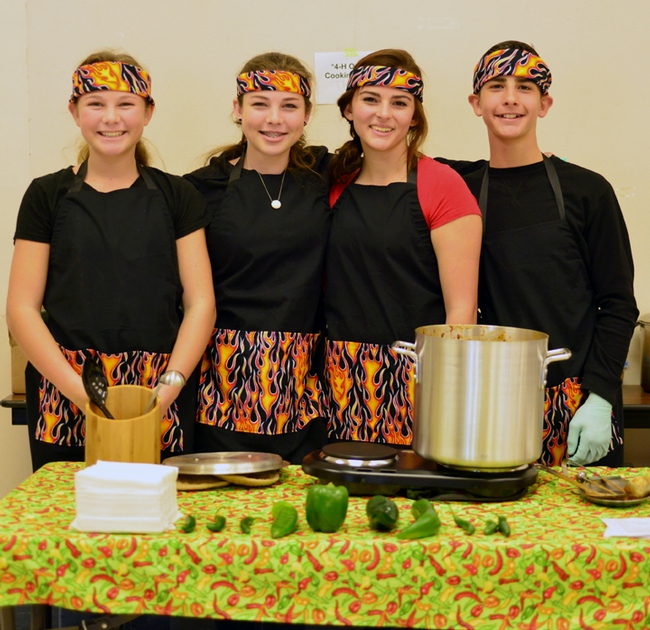 The winning chili team at the 2015 Solano County 4-H Chili Cookoff is this group of Dixon Ridge 4-H Club members who are enrolled in the countywide Outdoor Cooking Project. From left are Quincy Decious, Fallon Decious, Shayley Gish and Braydon Gish. (Photo by Kathy Keatley Garvey)