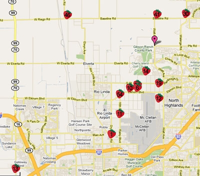 A map of strawberry stands in Sacramento.