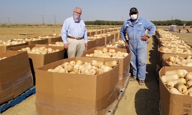 West Side farmer John Diener, left, and UC West Side Research and Extension Center superintendent of agriculture Rafael (Merf) Solario, post with the 70,000 pounds of butternut squash grown in a research plot and donated to the Central California Food Bank.