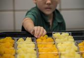 A young boy reaches for fruit in the cafeteria lunch line.