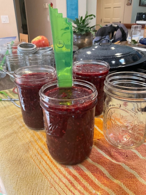 Three jars filled with jam. one has a debubbler in it.