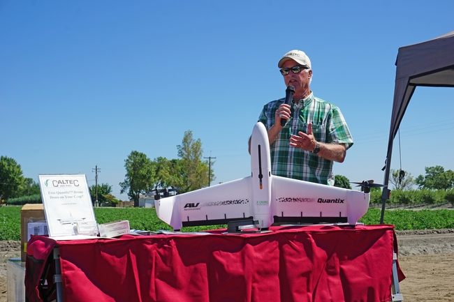 James McKay of CalTec Ag Inc. showed a drone that takes off and lands vertically, then levels out in the sky.